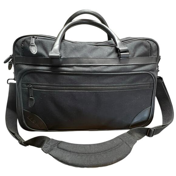 LL Bean Black Laptop Briefcase Messenger Leather Trim Nylon Work Top Handle Bag - Picture 1 of 7